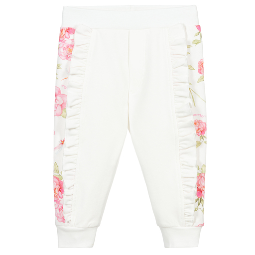 Monnalisa Bebé-Спортивные брюки цвета слоновой кости с розовыми розами | Childrensalon Outlet
