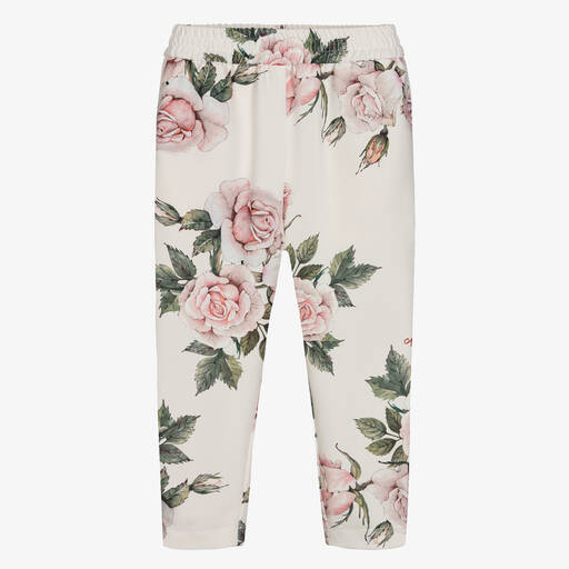Monnalisa Chic-Ivory & Pink Roses Trousers | Childrensalon Outlet