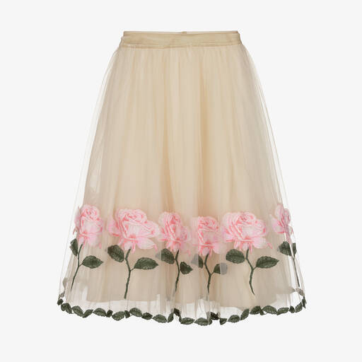 Monnalisa Chic-Ivory & Pink Roses Tulle Skirt | Childrensalon Outlet
