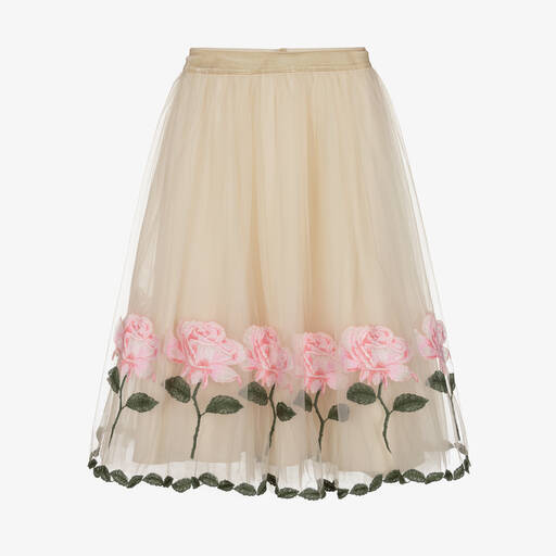 Monnalisa Chic-تنورة ميدي تول لون عاجي داكن مطرزة بورود | Childrensalon Outlet