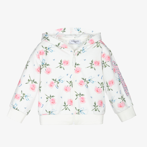 Monnalisa-Ivory & Pink Roses Zip-Up Top | Childrensalon Outlet