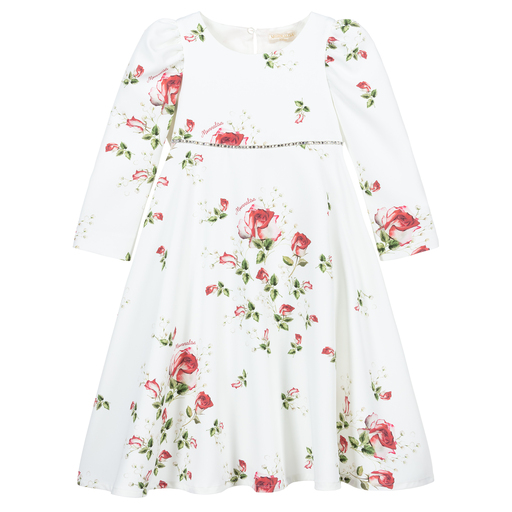 Monnalisa Chic-Ivory & Red Roses Crêpe Dress | Childrensalon Outlet