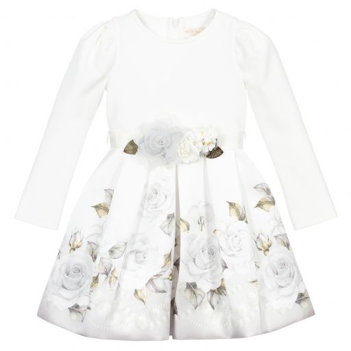 Monnalisa-Платье из атласа цвета слоновой кости с розами | Childrensalon Outlet