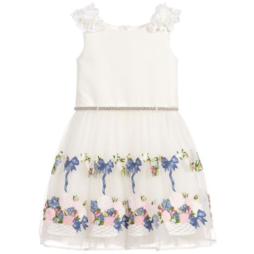 Monnalisa Шик-Ivory Tulle Floral Dress | Childrensalon Outlet