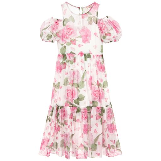 Monnalisa Chic- Long Pink Roses Chiffon Dress | Childrensalon Outlet