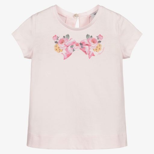 Monnalisa-Pink Cotton Bow Print T-Shirt | Childrensalon Outlet