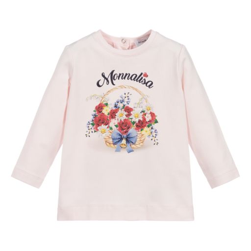 Monnalisa-Pink Cotton Jersey Floral Top | Childrensalon Outlet