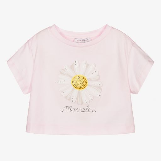 Monnalisa-Розовая укороченная футболка с ромашкой | Childrensalon Outlet