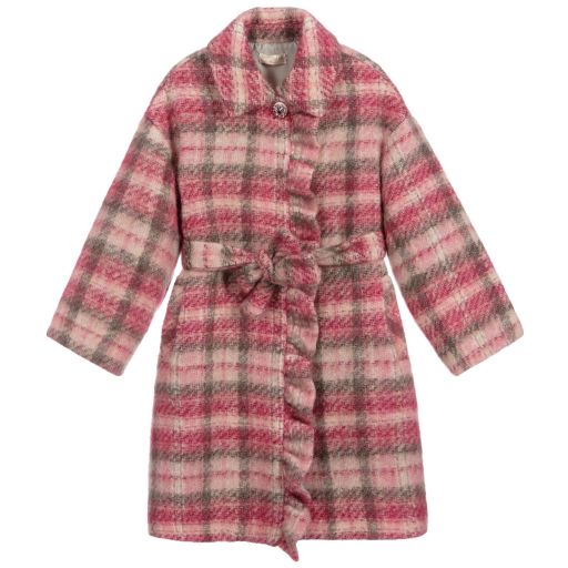 Monnalisa Chic-Pink & Grey Check Coat  | Childrensalon Outlet