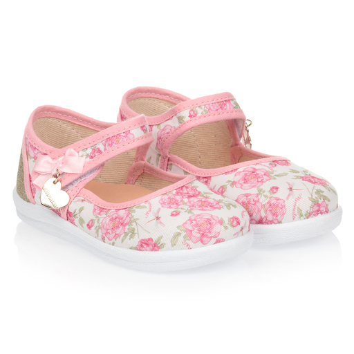 Monnalisa-Pink & Ivory Floral Shoes | Childrensalon Outlet