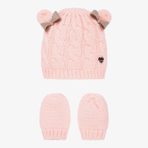 Monnalisa-Pink Knit Hat & Mittens Set | Childrensalon Outlet