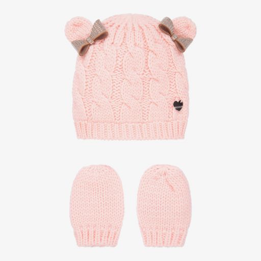 Monnalisa-Rosa Set aus Strickmütze und Fäustlingen | Childrensalon Outlet