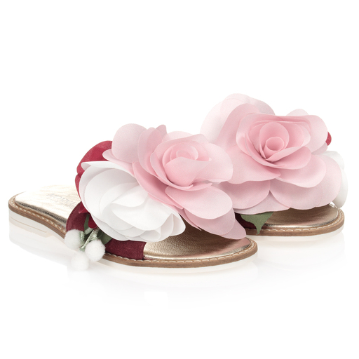 Monnalisa-Pink Leather Floral Sandals | Childrensalon Outlet