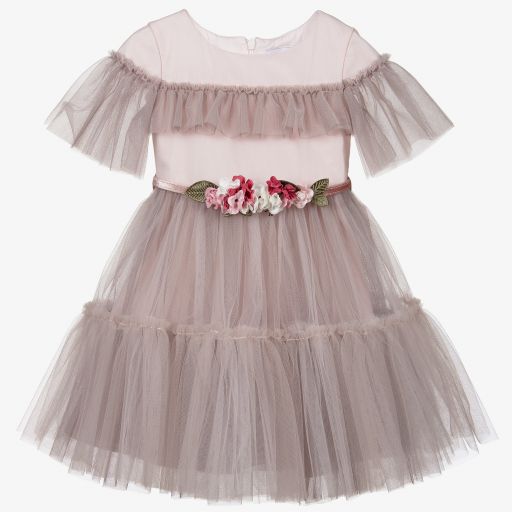 Monnalisa-Pink Tulle Floral Belt Dress | Childrensalon Outlet