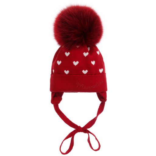 Monnalisa-Bonnet rouge en tricot à pompon  | Childrensalon Outlet