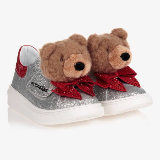 Monnalisa-Silver Teddy & Bow Trainers  | Childrensalon Outlet