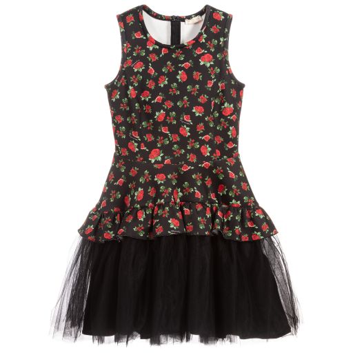 Monnalisa Chic-Teen Black & Red Roses Dress | Childrensalon Outlet
