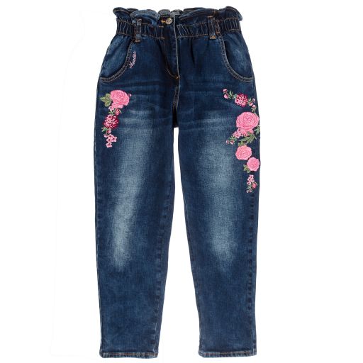 Monnalisa-Teen Blue Denim Floral Jeans | Childrensalon Outlet