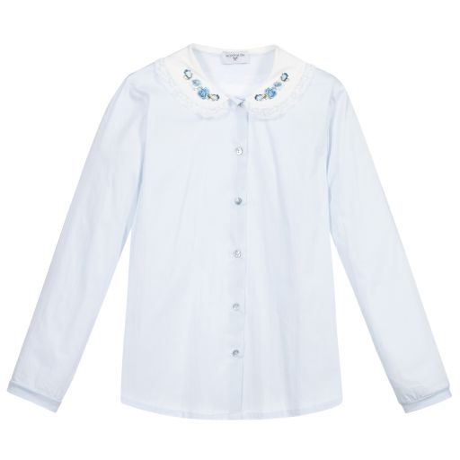 Monnalisa-Teen Blue Floral Cotton Shirt | Childrensalon Outlet