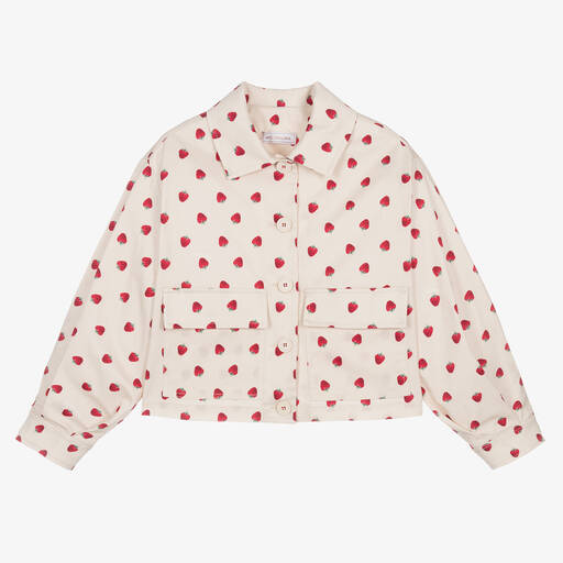 Monnalisa-Teen Girls Beige Cotton Strawberry Shacket | Childrensalon Outlet