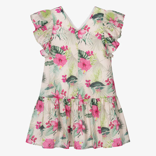 Monnalisa-Teen Girls Beige Floral Cotton Dress | Childrensalon Outlet