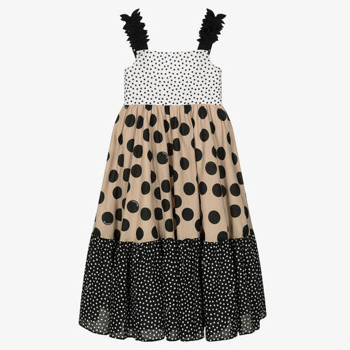 Monnalisa-Teen Girls Beige Polka Dot Cotton Dress | Childrensalon Outlet