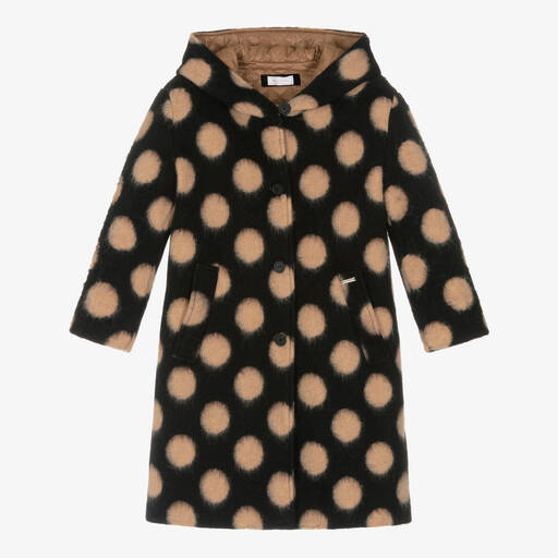 Monnalisa-Teen Girls Black & Beige Polka Dot Coat | Childrensalon Outlet