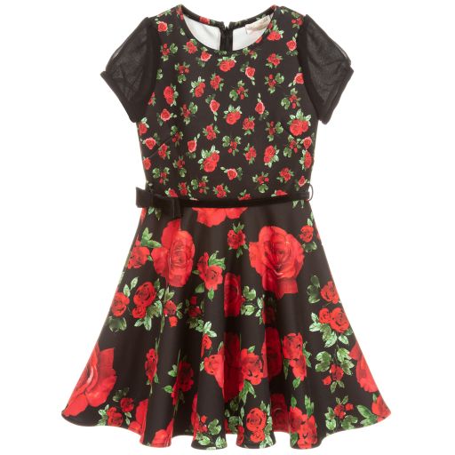 Monnalisa Chic-Teen Girls Black Floral Dress | Childrensalon Outlet