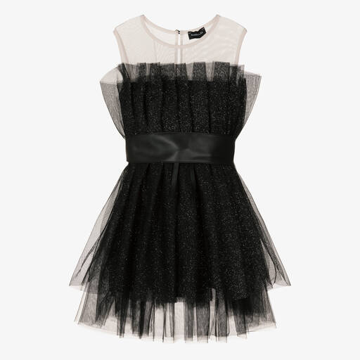 Monnalisa-Teen Girls Black Glitter Tulle Dress | Childrensalon Outlet