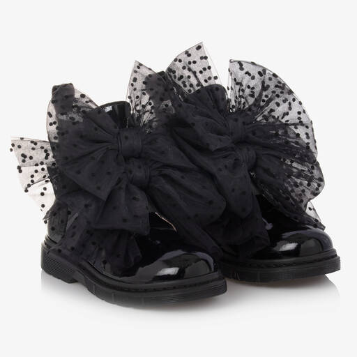 Monnalisa-Черные ботинки из лакированной кожи с бантиками | Childrensalon Outlet
