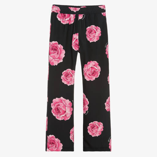 Monnalisa Chic-Teen Girls Black & Pink Rose Trousers | Childrensalon Outlet