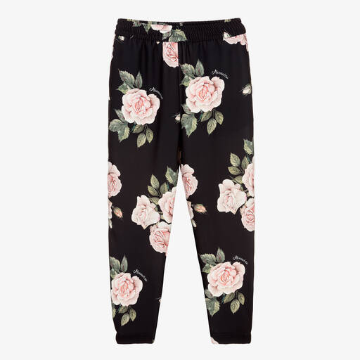 Monnalisa Chic-Teen Girls Black Rose Trousers | Childrensalon Outlet