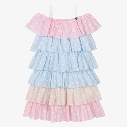 Monnalisa-فستان قطن لون أزرق مزين بكشكش للمراهقات | Childrensalon Outlet