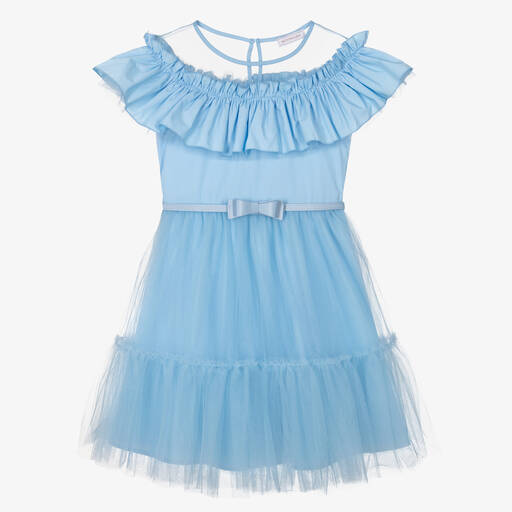 Monnalisa Chic-Teen Girls Blue Cotton & Tulle Ruffle Dress | Childrensalon Outlet