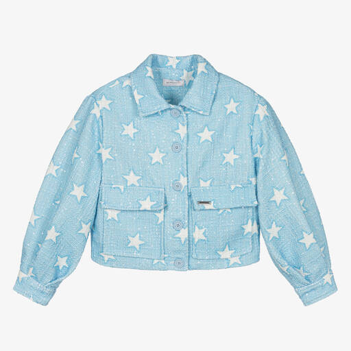 Monnalisa-Teen Girls Blue Tweed Sequin Stars Jacket | Childrensalon Outlet