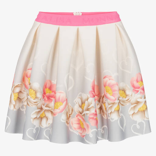 Monnalisa-Teen Girls Grey Floral Neoprene Skirt | Childrensalon Outlet