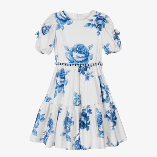 Monnalisa-Teen Blumenkleid in Elfenbein-Blau | Childrensalon Outlet