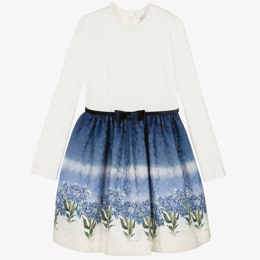 Monnalisa-Кремово-синее платье с цветами для подростков | Childrensalon Outlet