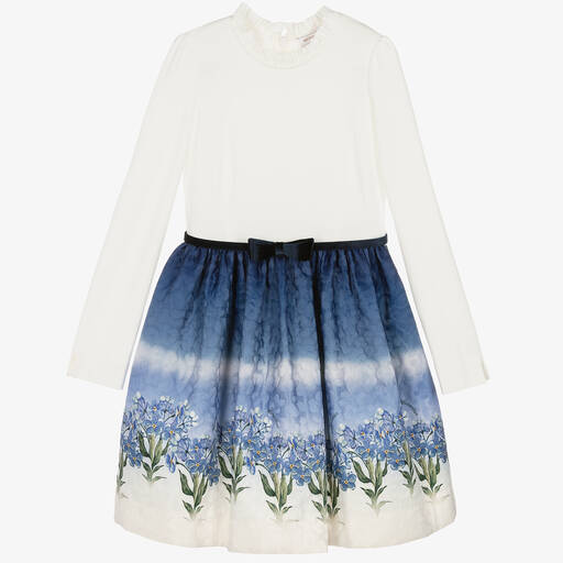 Monnalisa-Teen Girls Ivory & Blue Floral Dress | Childrensalon Outlet