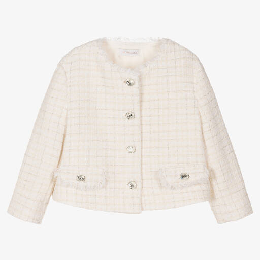 Monnalisa Chic-Teen Girls Ivory Bouclé Tweed Jacket | Childrensalon Outlet