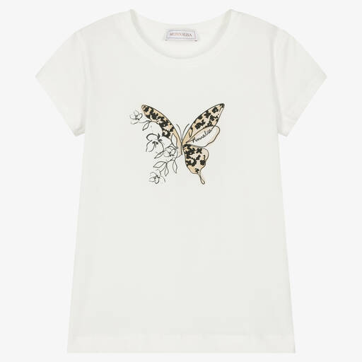 Monnalisa-Teen Girls Ivory Cotton Butterfly T-Shirt | Childrensalon Outlet