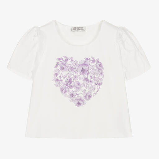 Monnalisa-Teen Girls Ivory Cotton Cropped T-Shirt | Childrensalon Outlet