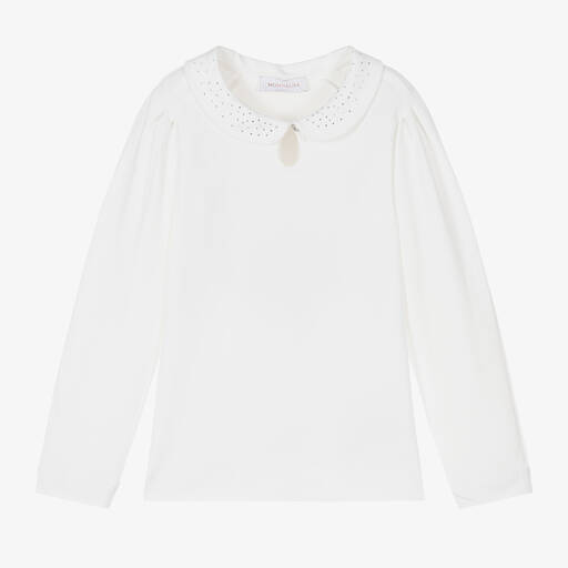 Monnalisa Chic-Teen Girls Ivory Cotton Diamanté Top | Childrensalon Outlet