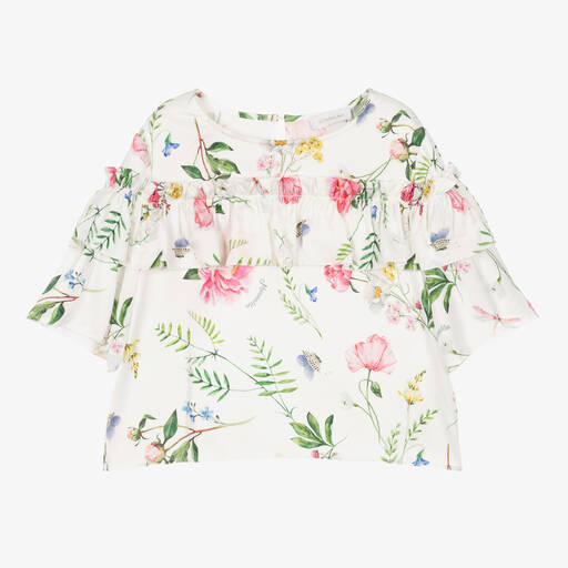 Monnalisa Chic-بلوز ساتان لون عاجي بطبعة ورود للمراهقات | Childrensalon Outlet