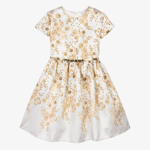Monnalisa-Teen Girls Ivory Floral Satin Dress | Childrensalon Outlet