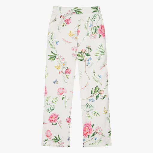 Monnalisa-Teen Girls Ivory Floral Satin Trousers | Childrensalon Outlet