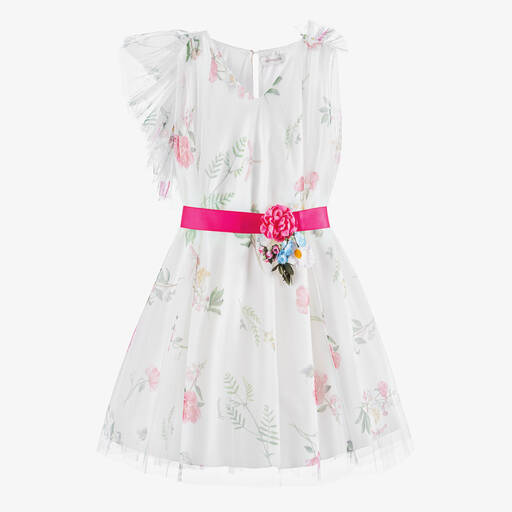 Monnalisa-Teen Girls Ivory Floral Tulle Dress | Childrensalon Outlet