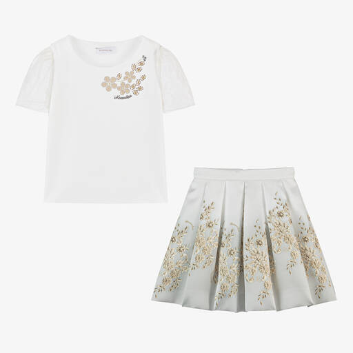 Monnalisa-Teen Girls Ivory & Gold Floral Skirt Set | Childrensalon Outlet