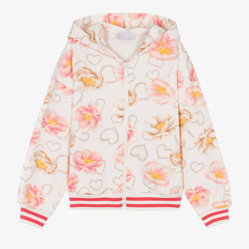 Monnalisa-Teen Girls Ivory & Pink Floral Zip-Up Top | Childrensalon Outlet