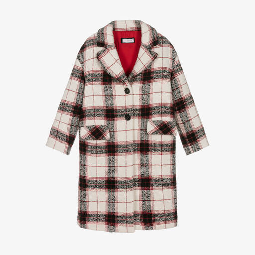 Monnalisa-Teen Girls Ivory & Red Checked Coat | Childrensalon Outlet